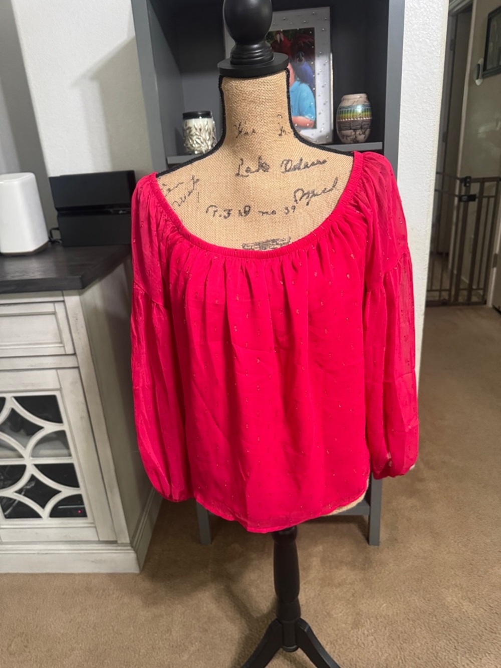 Express Hot Pink Peasant Blouse with Metallic Dots size M